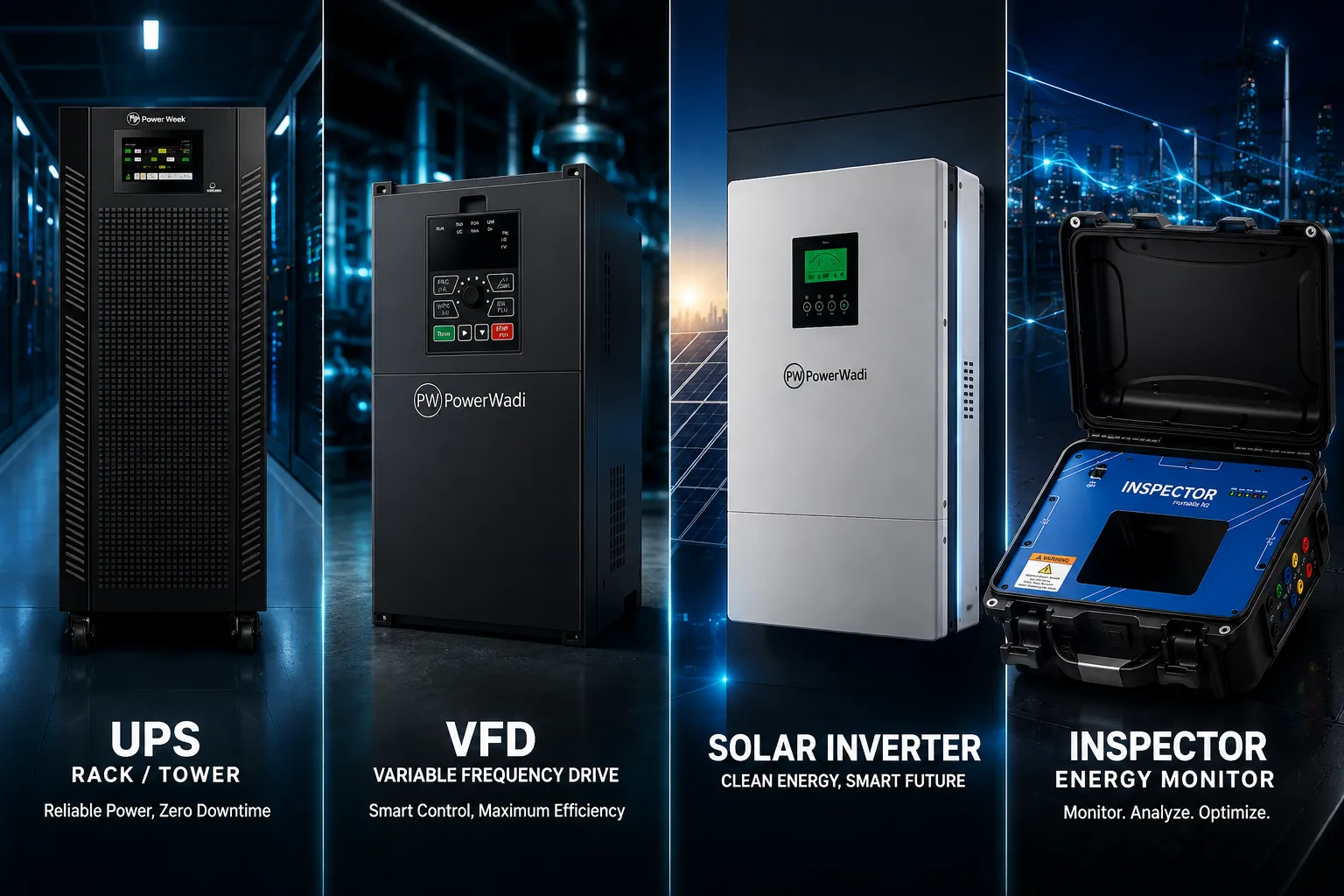 PowerWadi UPS VFD Solar Inverter and Inspector product portfolio